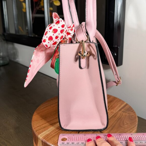 Pink Faux Leather Top Handle Satchel with Strawberry Twilly & Coin Purse Charm - Picture 14 of 15